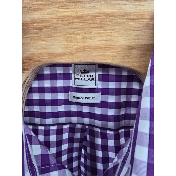 Peter Millar Mens Purple & White Gingham Long Sleeve Golf Shirt Large - Picture 4 of 4